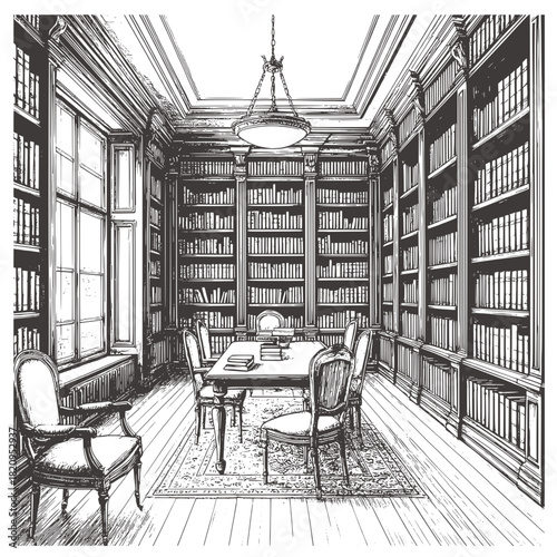 A library, bookshelves with books and a wooden table, a black and white sketch. Vector illustration. Lamp and cheekbone in the study of the mansion12