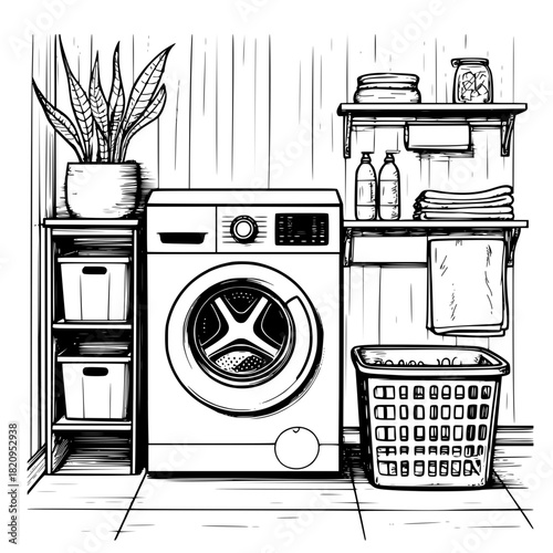 A room with a washing machine and a laundry basket., black and white sketch. Vector illustration. Shelves with towels, laundry detergent and  flower pot. The bathroom is isolated on white background19