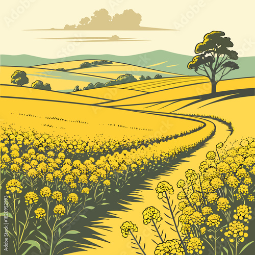 A winding path through a vibrant yellow canola field under a stylized sky