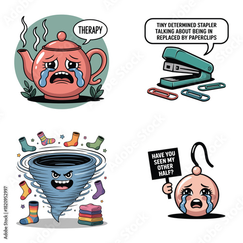Sad teapot crying therapy, angry tornado with socks, stapler and paperclips, earring Keywords