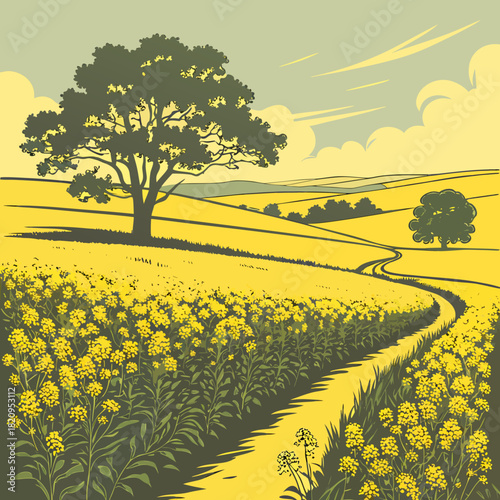 Stylized illustration of a winding path through a vibrant yellow canola field with trees and rolling hills under a cloudy sky