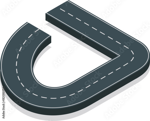 Vector illustration of a curved asphalt road forming a U-turn path, detailed with a dashed centerline and solid white edge markings