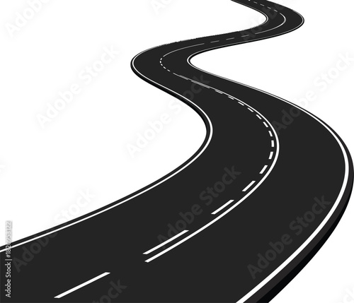 An empty, winding, black asphalt road with white lane markings stretches into the distance under a clear sky