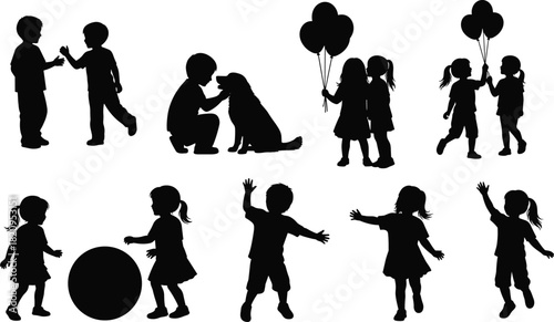 Silhouettes of joyful diverse children playing with a dog, holding celebratory balloons, and engaging with a