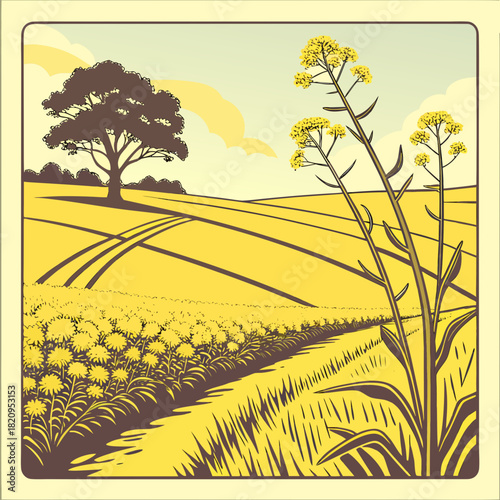 Stylized illustration of a vibrant yellow field with blooming flowers and a solitary tree under a cloudy sky