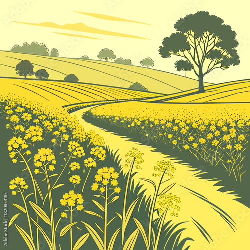 Idyllic rural landscape with a winding dirt path through a vibrant yellow rapeseed field under a pale sky