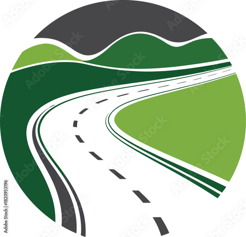 A scenic journey on a curving road with dotted white lines that winds through a beautiful landscape of vibrant green hills and mountains