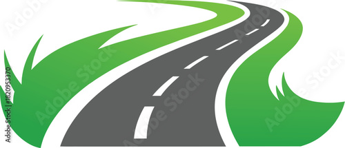 Abstract illustration of a winding road curving through green grass, symbolizing travel and progress