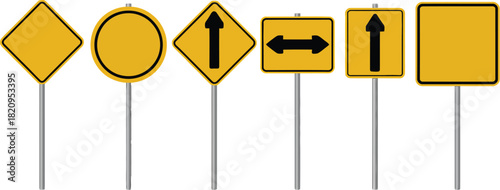 Collection of blank and directional yellow road signs, including diamond, circle, and rectangle shapes with arrows for traffic safety and guidance
