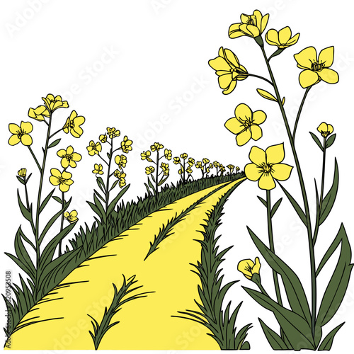 A winding yellow path through a field of blooming yellow flowers and green grass
