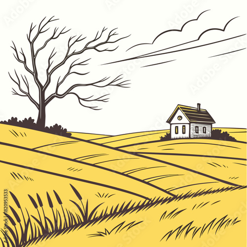 Stylized illustration of a solitary house and bare tree on rolling golden hills under a cloudy sky