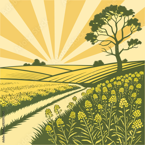 Stylized rural landscape with rolling hills a winding path and blooming yellow flowers under a sunburst sky