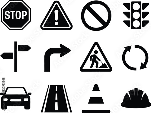 A comprehensive set of monochrome vector icons representing road safety, traffic management, and driving regulations, including hazard signs and construction warnings