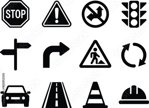 Collection of various traffic and road safety signs and symbols for navigation and warnings
