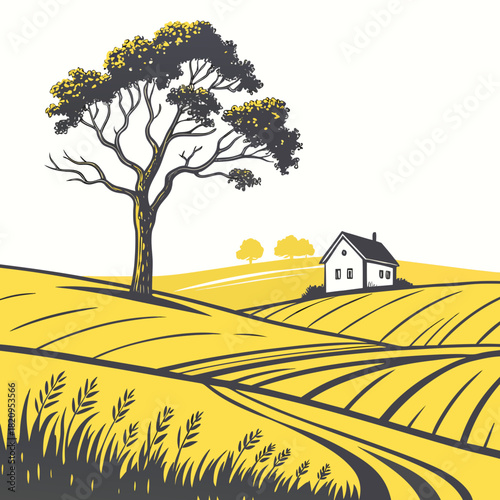Stylized illustration of a solitary house nestled in rolling yellow fields under a large tree