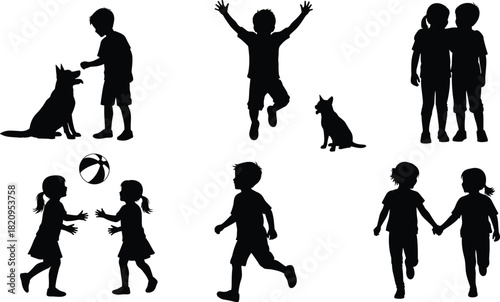 Silhouettes of active children and playful dogs running, jumping, and playing ball together, depicting joyous friendship, healthy outdoor fun, diverse childhood activities, and pet companionship.