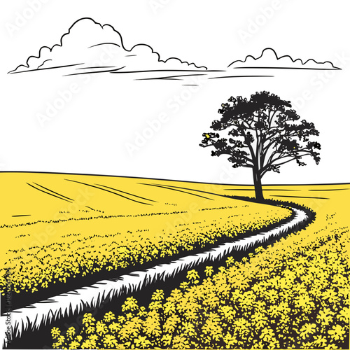 A winding path leads through a vibrant yellow field of flowers towards a solitary tree under a cloudy sky