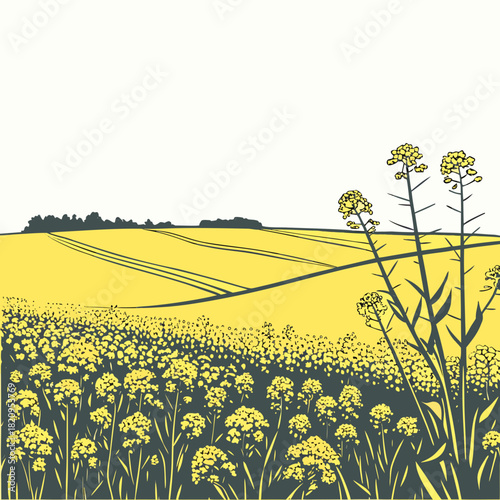 Stylized illustration of a vibrant yellow canola field under a pale sky with distant trees and rolling hills