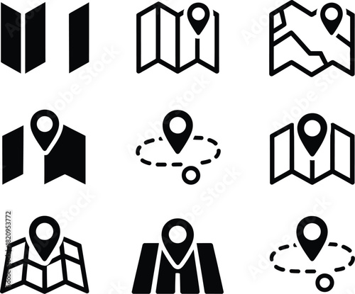 Diverse Collection of Map and Location Icons for Navigation, Point of Interest, and Geographic Information Display
