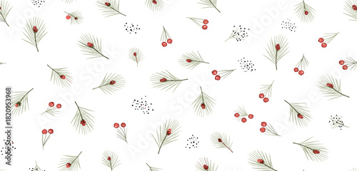 Festive Winter Berry and Pine Needle Pattern on White Background