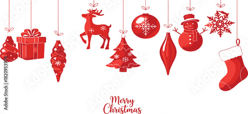 Red Christmas Ornaments and Decorations Hanging on a White Background with Merry Christmas Text