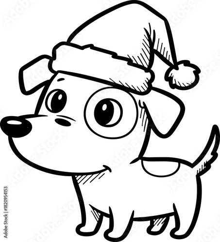 Adorable sketch of a small dog in a Christmas Santa hat. This black and white line art is perfect for holiday coloring or festive designs