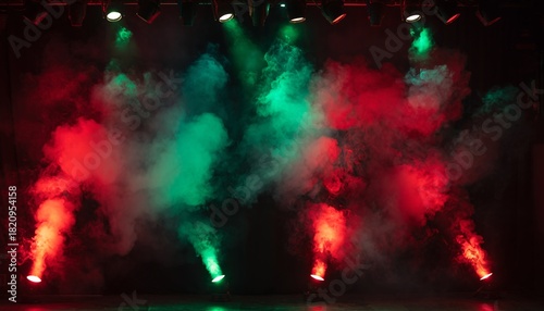 Vibrant Red Green Smoke Machines Creating Dramatic Fog Effects Under Stage Lighting System