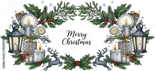 Festive Christmas Greeting Card Frame with Evergreen Foliage, Glowing Candles, Whimsical Reindeer, and Holiday Gift Boxes, Ideal for Seasonal Celebrations