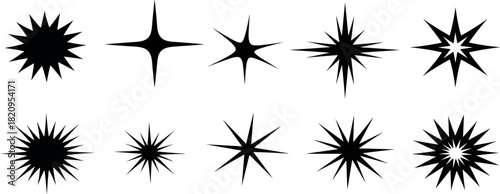 A collection of diverse black starburst and sparkle icons, perfect for design elements and graphic accents