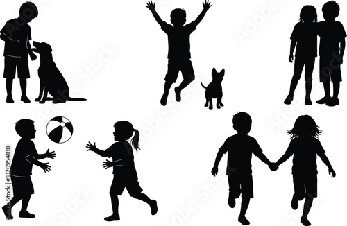 Joyful children playing, running, and interacting with their happy dogs, showing diverse friendship, active childhood, and innocent fun on a bright summer day.