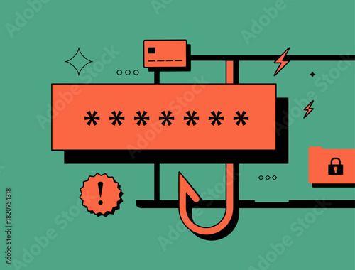 Phishing attack steals credentials. Phishing attack hooks password fields and credit cards with sneaky bait in bold flat duotone vector illustration for 2026 cybersecurity awareness illustration