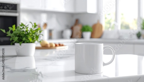 A bright white mug rests on a marble countertop in a sunlit kitchen; blurred background