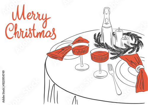 Hand drawn Christmas dinner table chalk poster. Whimsical Happy New Year line art party invitation. Minimalist table served with food beverage, champagne and candles. Vector illustration