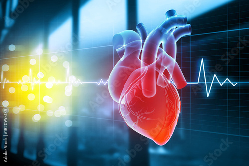 Human heart on ecg background. 3d illustration