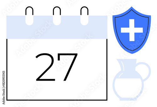 Calendar with bold number 27, blue shield with a cross denoting medical care, and water pitcher. Ideal for health planning, wellness routines, medical schedules, hydration, healthy habits, healthcare