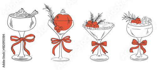 Hand drawn Christmas cocktails with bows set. Coquette holiday aesthetic glasses with ribbon and bow in sketch style. Xmas elegant martini, champagne, wine. Doodle line art vector illustration