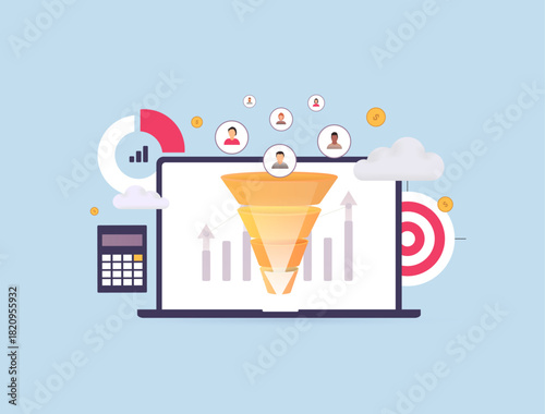 Conversion funnel analytics driving lead growth with clear data insights on laptop screen supported by user profiles charts and target elements for efficient business performance vector illustration