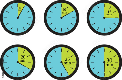 Minute Timer Icon set. Countdown timer symbol. Stopwatch icons with different time. Stopwatch intervals signs. representing stopwatch, time tracking, scheduling, deadline, and duration measurement.