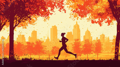 Woman running through park in fall with city skyline background