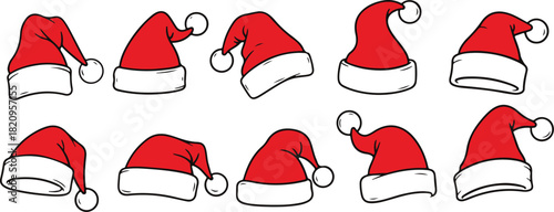 Collection of various red santa hats with white trim and pompoms