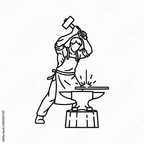 Illustration of a blacksmith forging metal with a hammer on an anvil stand