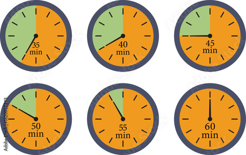 Minute Timer Icon set. Countdown timer symbol. Stopwatch icons with different time. Stopwatch intervals signs. representing stopwatch, time tracking, scheduling, deadline, and duration measurement.