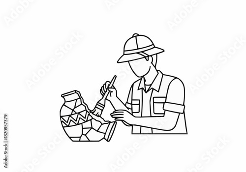 Archaeologist restoring a broken vase with a brush in black and white
