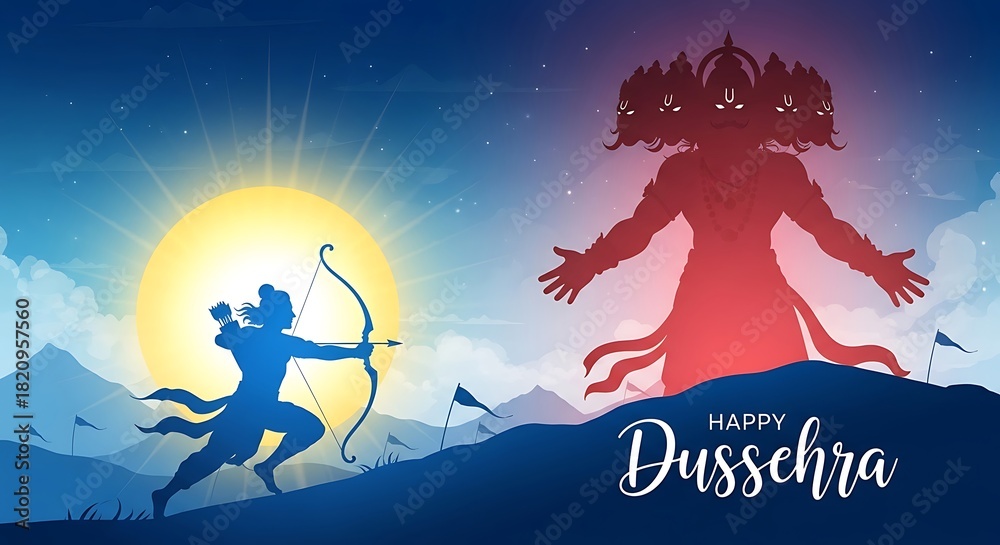 Naklejka premium Happy Dussehra Festival Celebration Background Featuring Lord Rama Drawing His Powerful Bow Against The Mighty Ten Headed Demon King Ravana Under A Bright Celestial Sky Vector Illustration