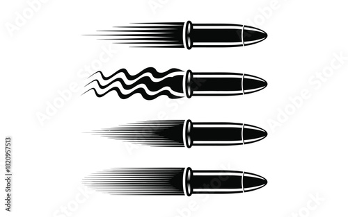 Four bullets in motion with speed lines and smoke trails