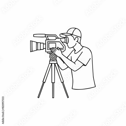 Line drawing of a cameraman filming with a professional video camera on tripod