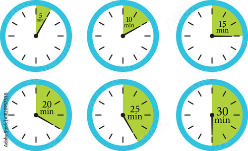 Minute Timer Icon set. Countdown timer symbol. Stopwatch icons with different time. Stopwatch intervals signs. representing stopwatch, time tracking, scheduling, deadline, and duration measurement.