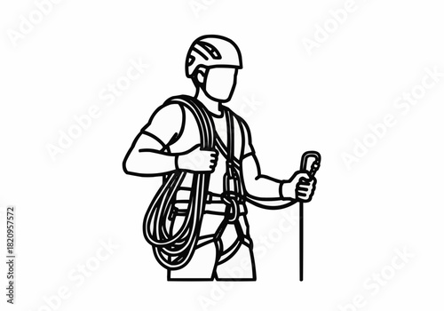 Outline drawing of a climber with helmet and rope wearing harness gear