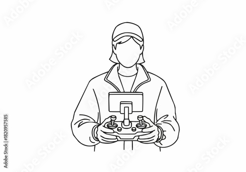 Outline drawing of a person holding a drone controller with a screen
