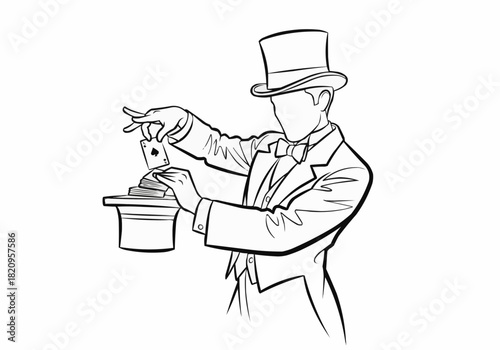 Magician performing card trick with top hat and suit line art drawing